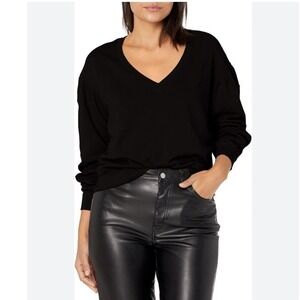 Monrow Black V-Neck Puff Shoulder Cotton French Terry Sweatshirt M 312